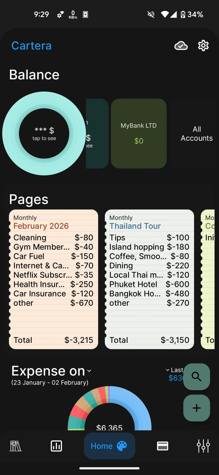 Cartera in dark appearance, with account balances and notebook pages for monthly expenses and a trip.