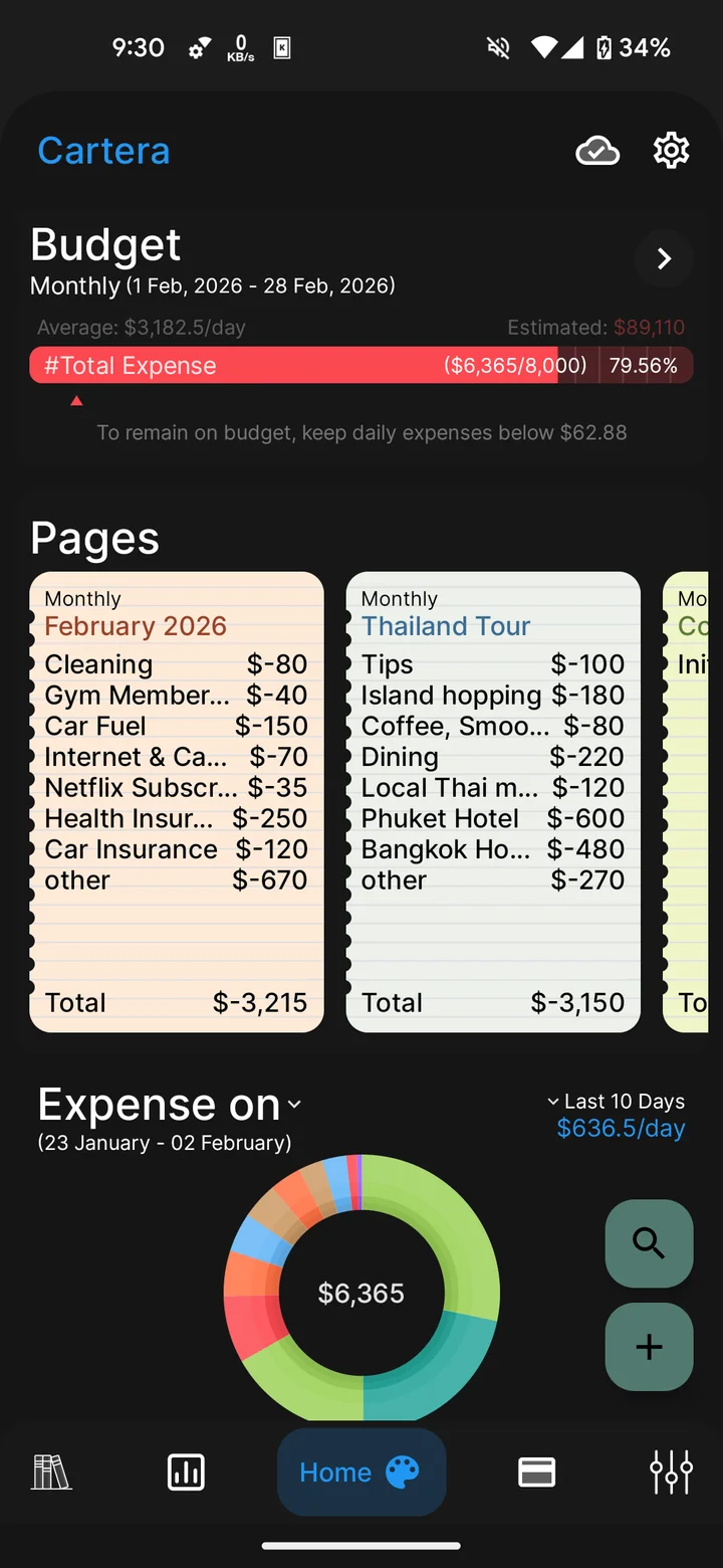 Cartera’s monthly budget progress above notebook pages and a spending breakdown.