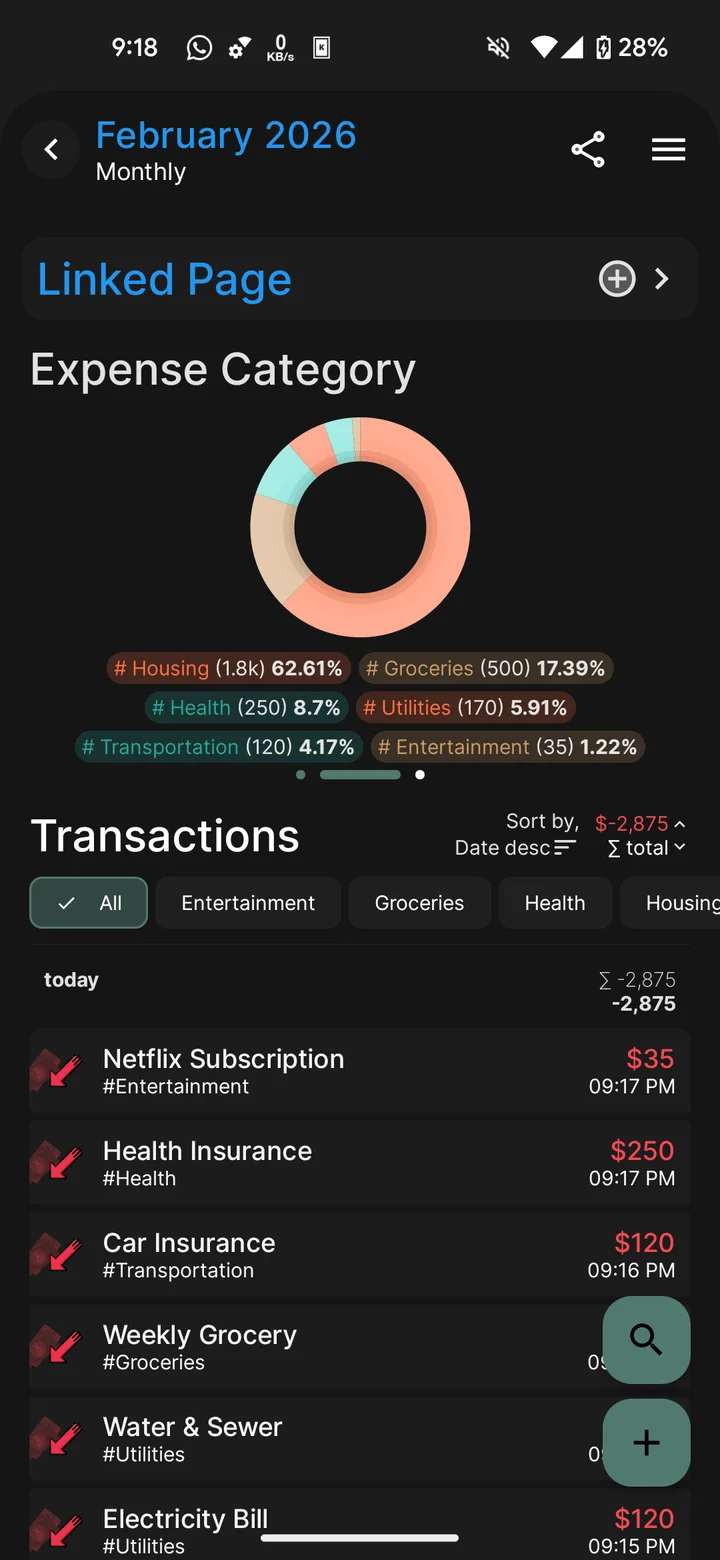 A monthly page in dark appearance, showing expense categories and individual transaction records.