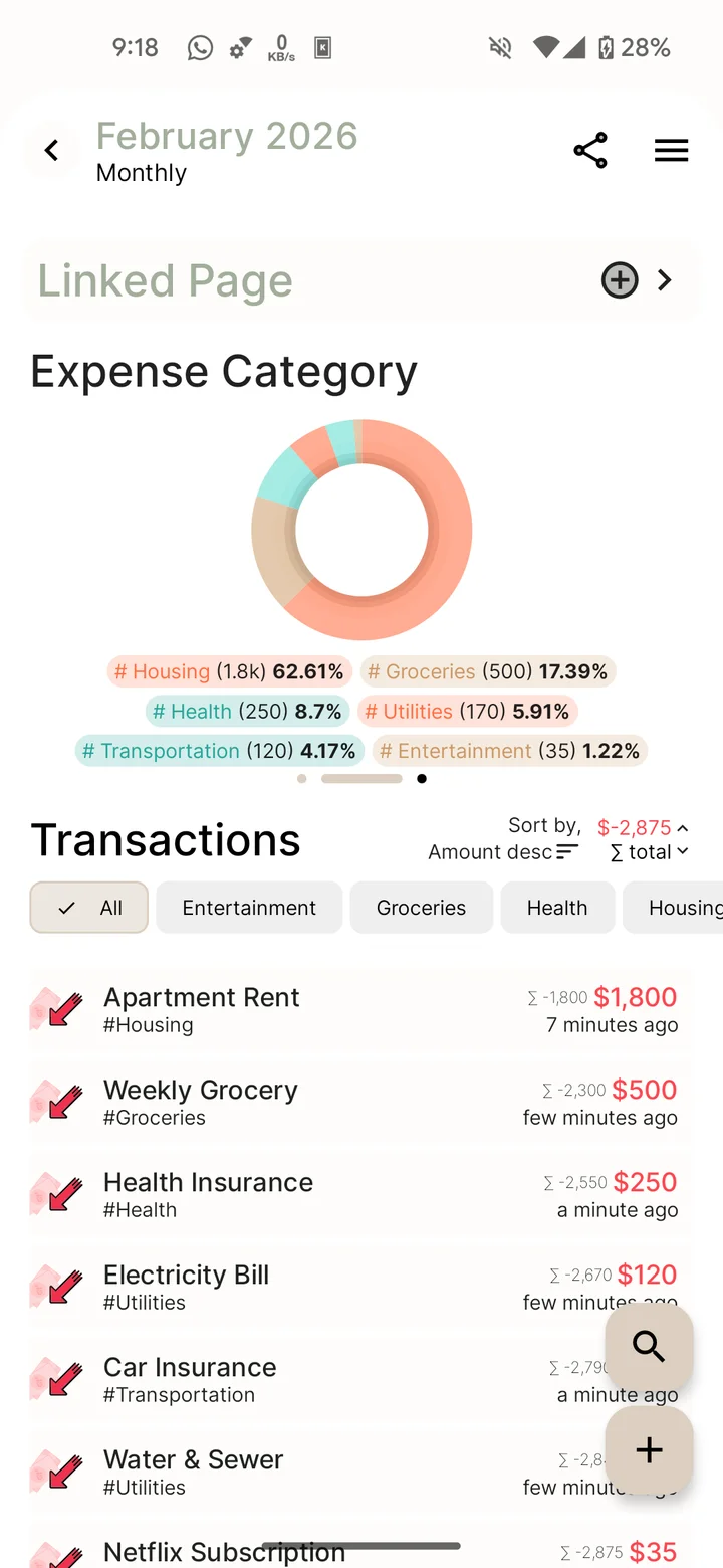 A monthly page in light appearance, showing expense categories and individual transaction records.