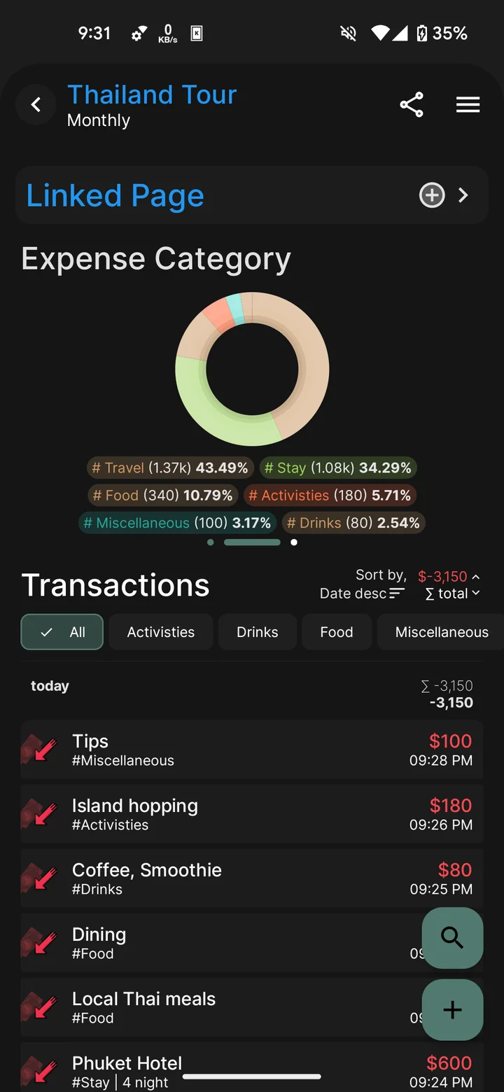 A Thailand Tour page showing travel expense categories and transaction records.